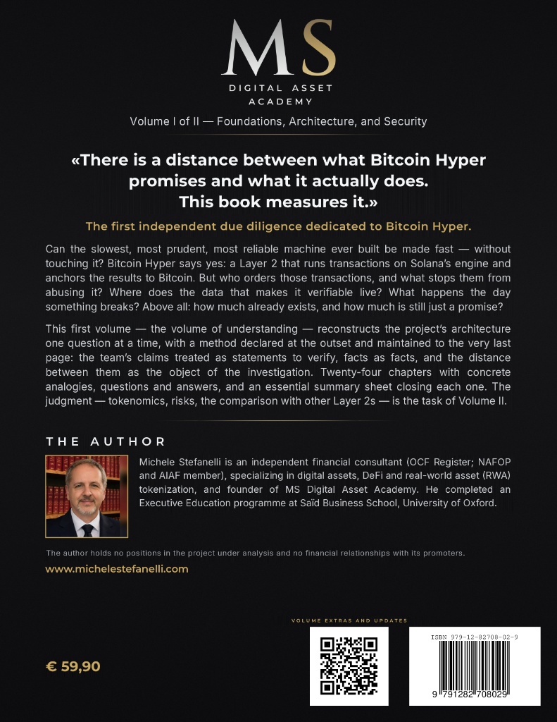 Sampul belakang buku “Due Diligence of a Layer 2 – The Bitcoin Hyper Case, Volume I” karya Michele Stefanelli
